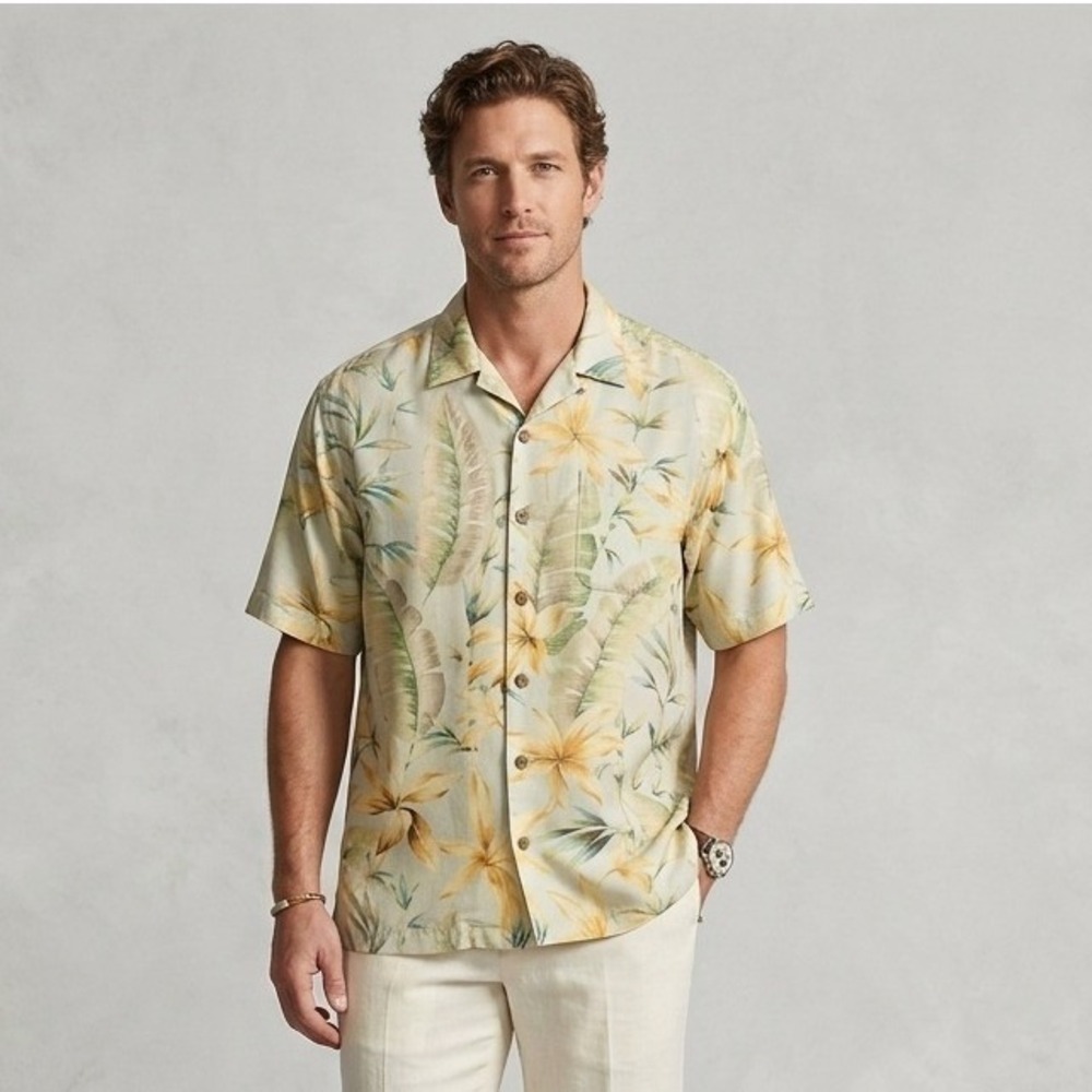 Tommy Bahama Mens Large 100% Silk Tropical Floral Palm‎ Camp Shirt Blue Yellow